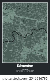Editable vector poster map of Edmonton, Canada, showcasing detailed street layouts, main roads, neighborhoods, and landmarks in Dark gray, Gray, Green, gray-green colors.