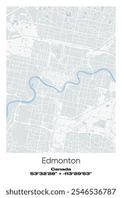 Editable vector poster map of Edmonton, Canada, showcasing detailed street layouts, main roads, neighborhoods, and landmarks in Gray, white, green, blue colors.