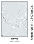 Editable vector poster map of El Paso,Texas, showcasing detailed street layouts, main roads, neighborhoods, and landmarks in Gray, Black, White colors.