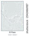 Editable vector poster map of El Paso,Texas, showcasing detailed street layouts, main roads, neighborhoods, and landmarks in Gray, Blue, Green, White colors.