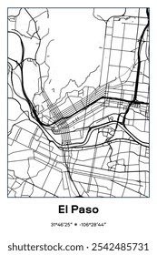 Editable vector poster map of El Paso,Texas, showcasing detailed street layouts, main roads, neighborhoods, and landmarks in Black, white, gray colors.