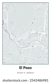 Editable vector poster map of El Paso,Texas, showcasing detailed street layouts, main roads, neighborhoods, and landmarks in Gray, Black, White colors.