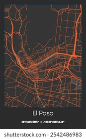 Editable vector poster map of El Paso,Texas, showcasing detailed street layouts, main roads, neighborhoods, and landmarks in Gray, Black, Orange colors.