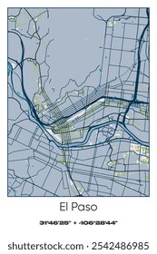 Editable vector poster map of El Paso,Texas, showcasing detailed street layouts, main roads, neighborhoods, and landmarks in Blue, Gray, Yellow, Olive colors.