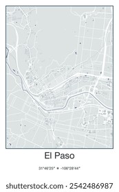 Editable vector poster map of El Paso,Texas, showcasing detailed street layouts, main roads, neighborhoods, and landmarks in Gray, Blue, Green, White colors.