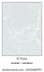 Editable vector poster map of El Paso,Texas, showcasing detailed street layouts, main roads, neighborhoods, and landmarks in Gray, white, green, blue colors.