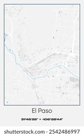 Editable vector poster map of El Paso,Texas, showcasing detailed street layouts, main roads, neighborhoods, and landmarks in Gray, white, blue colors.