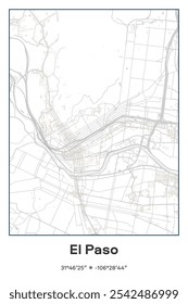 Editable vector poster map of El Paso,Texas, showcasing detailed street layouts, main roads, neighborhoods, and landmarks in Pastel, Gray, White, Green colors.