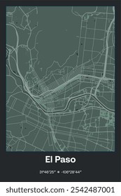 Editable vector poster map of El Paso,Texas, showcasing detailed street layouts, main roads, neighborhoods, and landmarks in Dark gray, Gray, Green, gray-green colors.