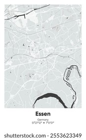 Editable vector poster map of Essen, Germany, showcasing detailed street layouts, main roads, neighborhoods, and landmarks in Gray, Black, White, BW colors.