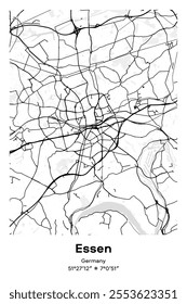 Editable vector poster map of Essen, Germany, showcasing detailed street layouts, main roads, neighborhoods, and landmarks in Black, white, gray, BW colors.