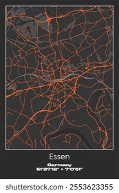 Editable vector poster map of Essen, Germany, showcasing detailed street layouts, main roads, neighborhoods, and landmarks in Gray, Black, Orange colors.