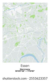 Editable vector poster map of Essen, Germany, showcasing detailed street layouts, main roads, neighborhoods, and landmarks in Gray, white, green, blue colors.