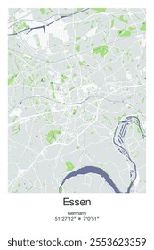 Editable vector poster map of Essen, Germany, showcasing detailed street layouts, main roads, neighborhoods, and landmarks in Gray, Blue, Green, White colors.