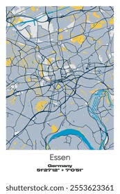 Editable vector poster map of Essen, Germany, showcasing detailed street layouts, main roads, neighborhoods, and landmarks in Blue, Gray, Yellow, Olive colors.