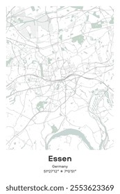 Editable vector poster map of Essen, Germany, showcasing detailed street layouts, main roads, neighborhoods, and landmarks in Pastel, Gray, White, Green colors.