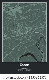 Editable vector poster map of Essen, Germany, showcasing detailed street layouts, main roads, neighborhoods, and landmarks in Dark gray, Gray, Green, gray-green colors.