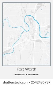 Mapa de póster de Vector editable de Fort Worth, Texas, que muestra diseños detallados de calles, carreteras principales, vecindarios y Lugares famosos en colores gris, blanco y azul.