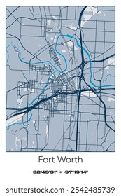 Mapa de póster de Vector editable de Fort Worth, Texas, que muestra diseños detallados de calles, carreteras principales, vecindarios y Lugares famosos en colores azul, gris, amarillo y oliva.