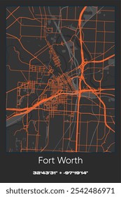 Mapa de póster de Vector editable de Fort Worth, Texas, que muestra diseños detallados de calles, carreteras principales, vecindarios y Lugares famosos en colores gris, negro y naranja.