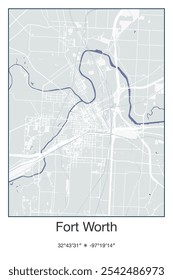 Mapa de póster de Vector editable de Fort Worth, Texas, que muestra diseños detallados de calles, carreteras principales, vecindarios y Lugares famosos en colores gris, azul, verde y blanco.