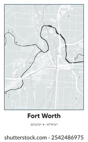 Mapa de póster de Vector editable de Fort Worth, Texas, que muestra diseños detallados de calles, carreteras principales, vecindarios y Lugares famosos en colores gris, negro y blanco.