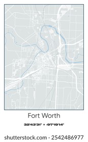 Mapa de póster de Vector editable de Fort Worth, Texas, que muestra diseños detallados de calles, carreteras principales, vecindarios y Lugares famosos en colores gris, blanco, verde y azul.