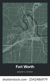 Mapa de póster de Vector editable de Fort Worth, Texas, que muestra diseños detallados de calles, carreteras principales, vecindarios y Lugares famosos en colores gris oscuro, gris, verde, gris-verde.