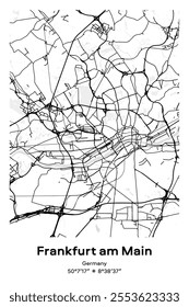 Editable vector poster map of Frankfurt am Main, Germany, showcasing detailed street layouts, main roads, neighborhoods, and landmarks in Black, white, gray, BW colors.