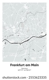 Editable vector poster map of Frankfurt am Main, Germany, showcasing detailed street layouts, main roads, neighborhoods, and landmarks in Gray, Black, White, BW colors.