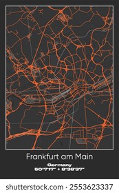 Editable vector poster map of Frankfurt am Main, Germany, showcasing detailed street layouts, main roads, neighborhoods, and landmarks in Gray, Black, Orange colors.