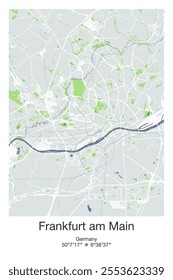 Editable vector poster map of Frankfurt am Main, Germany, showcasing detailed street layouts, main roads, neighborhoods, and landmarks in Gray, Blue, Green, White colors.