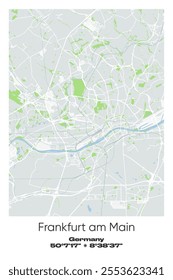 Editable vector poster map of Frankfurt am Main, Germany, showcasing detailed street layouts, main roads, neighborhoods, and landmarks in Gray, white, green, blue colors.