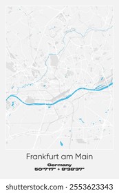 Editable vector poster map of Frankfurt am Main, Germany, showcasing detailed street layouts, main roads, neighborhoods, and landmarks in Gray, white, blue colors.