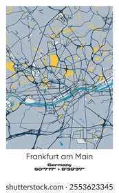 Editable vector poster map of Frankfurt am Main, Germany, showcasing detailed street layouts, main roads, neighborhoods, and landmarks in Blue, Gray, Yellow, Olive colors.