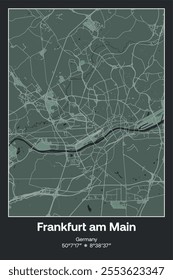 Editable vector poster map of Frankfurt am Main, Germany, showcasing detailed street layouts, main roads, neighborhoods, and landmarks in Dark gray, Gray, Green, gray-green colors.