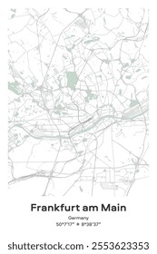 Editable vector poster map of Frankfurt am Main, Germany, showcasing detailed street layouts, main roads, neighborhoods, and landmarks in Pastel, Gray, White, Green colors.