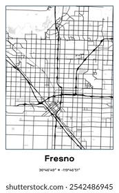 Editable vector poster map of Fresno,California, showcasing detailed street layouts, main roads, neighborhoods, and landmarks in Black, white, gray colors.