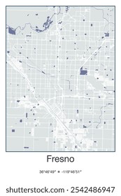 Editable vector poster map of Fresno,California, showcasing detailed street layouts, main roads, neighborhoods, and landmarks in Gray, Blue, Green, White colors.