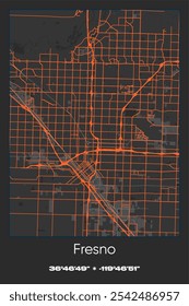 Bearbeitbare Vektorplakatkarte von Fresno, Kalifornien, die detaillierte Straßenlayouts, Hauptstraßen, Viertel und Wahrzeichen in den Farben Grau, Schwarz und Orange zeigt.