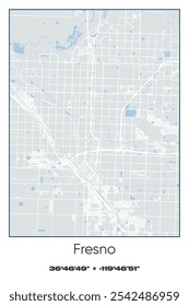 Editable vector poster map of Fresno,California, showcasing detailed street layouts, main roads, neighborhoods, and landmarks in Gray, white, green, blue colors.