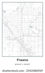 Editable vector poster map of Fresno,California, showcasing detailed street layouts, main roads, neighborhoods, and landmarks in Pastel, Gray, White, Green colors.