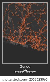 Editable vector poster map of Genoa, Italy, showcasing detailed street layouts, main roads, neighborhoods, and landmarks in Gray, Black, Orange colors.