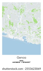 Editable vector poster map of Genoa, Italy, showcasing detailed street layouts, main roads, neighborhoods, and landmarks in Gray, white, green, blue colors.