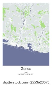 Editable vector poster map of Genoa, Italy, showcasing detailed street layouts, main roads, neighborhoods, and landmarks in Gray, Blue, Green, White colors.