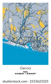 Editable vector poster map of Genoa, Italy, showcasing detailed street layouts, main roads, neighborhoods, and landmarks in Blue, Gray, Yellow, Olive colors.