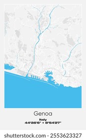 Editable vector poster map of Genoa, Italy, showcasing detailed street layouts, main roads, neighborhoods, and landmarks in Gray, white, blue colors.