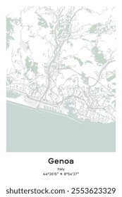 Editable vector poster map of Genoa, Italy, showcasing detailed street layouts, main roads, neighborhoods, and landmarks in Pastel, Gray, White, Green colors.