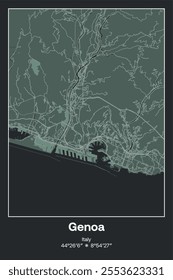 Editable vector poster map of Genoa, Italy, showcasing detailed street layouts, main roads, neighborhoods, and landmarks in Dark gray, Gray, Green, gray-green colors.