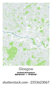 Editable vector poster map of Glasgow, United Kingdom, showcasing detailed street layouts, main roads, neighborhoods, and landmarks in Gray, white, green, blue colors.